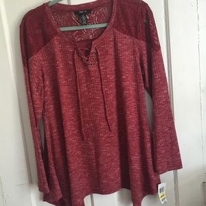 Style & co. Burgundy Lace Up Blouse Lace Detail
